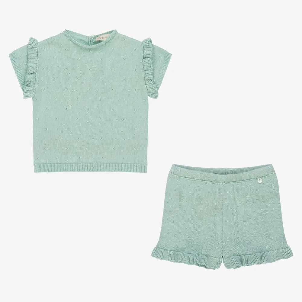 Girls Green Knit Shorts Set
