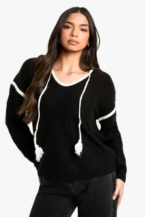 Pom Pom Contrast Trim Knitted Hoody