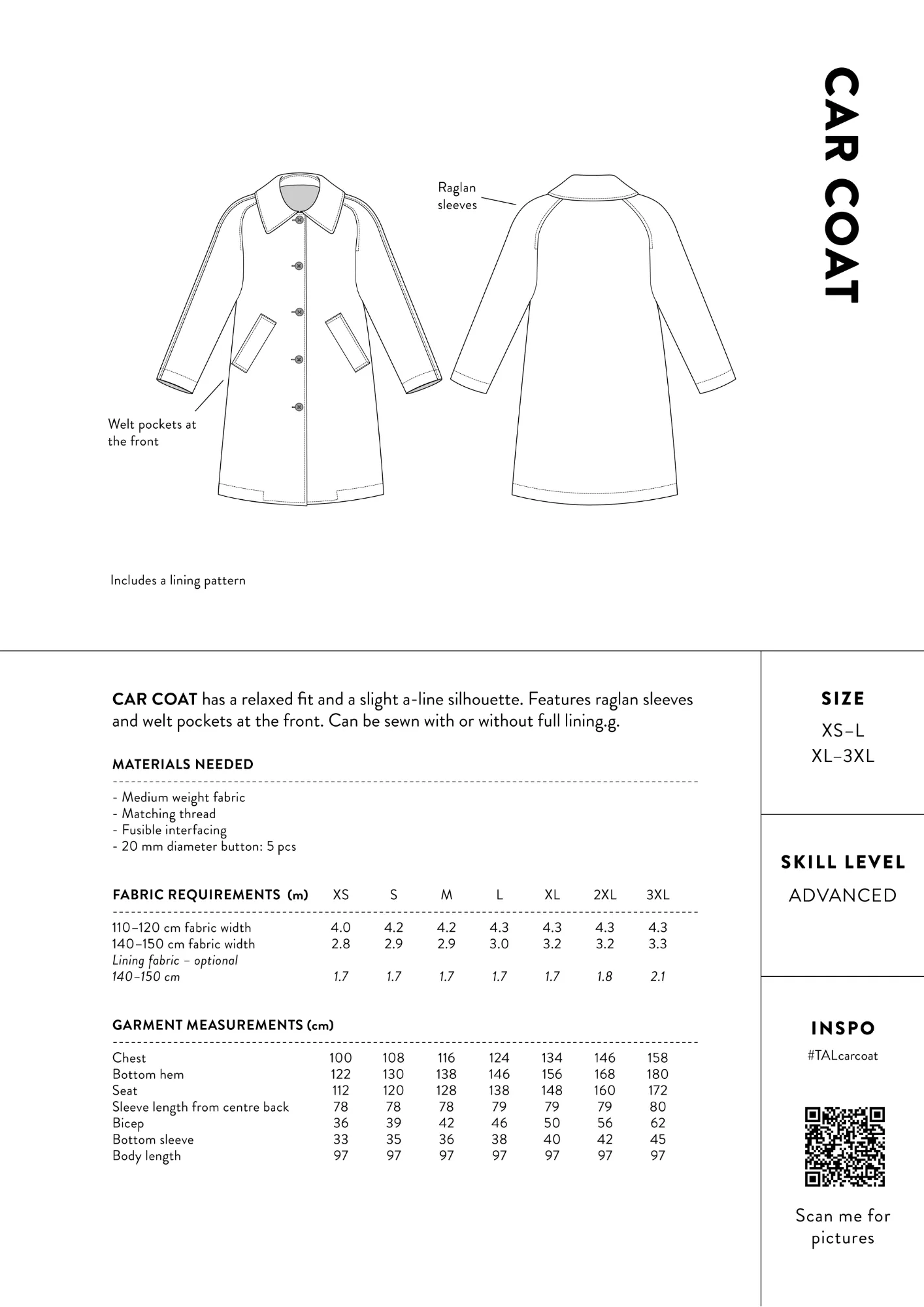 THE ASSEMBLY LINE  Car Coat Sewing Pattern (XS - L)